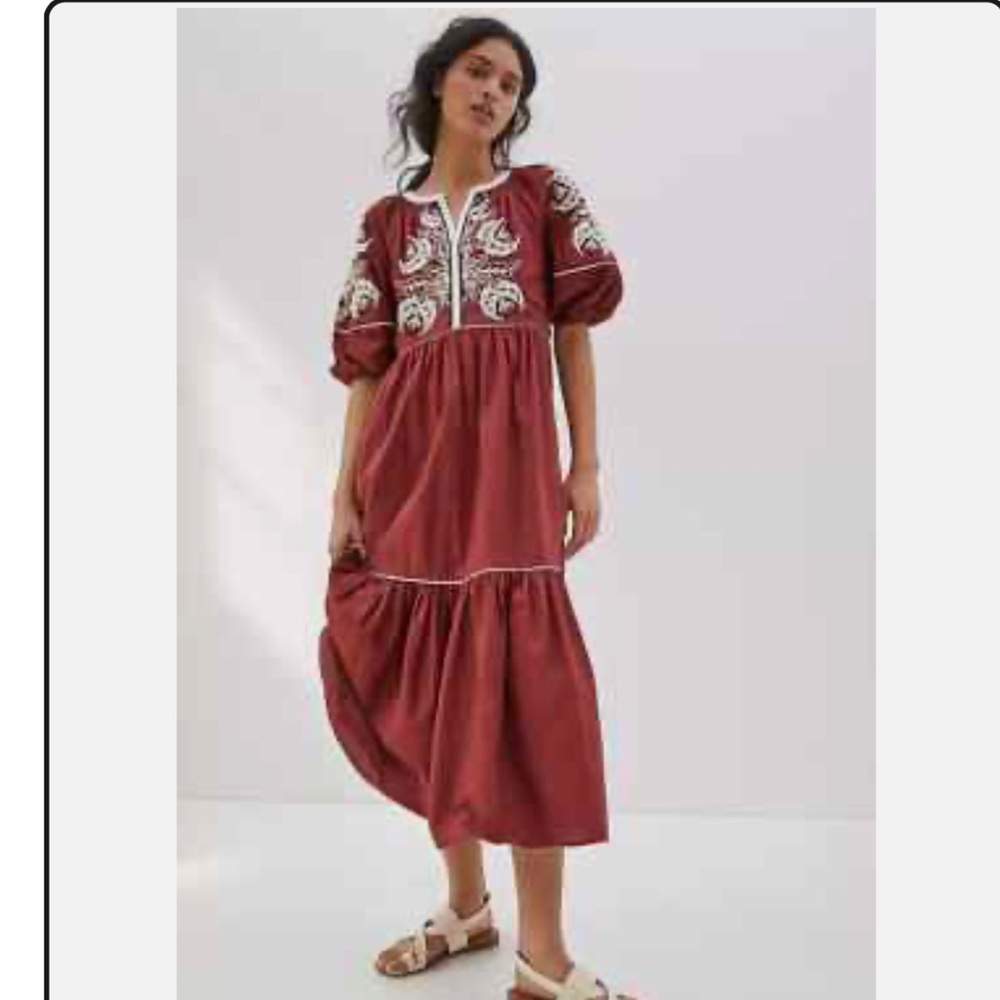 Anthropologie Maroon Tiered Dress with Bishop Sleeves